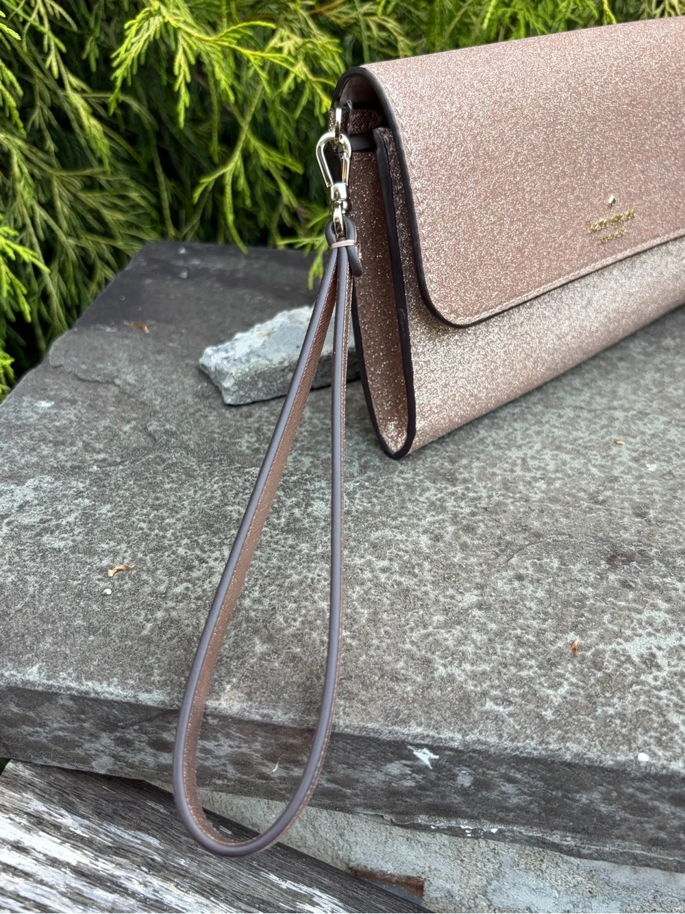 Kate Spade New York Rose Gold Glitter Leather Large Travel Wallet Wristlet